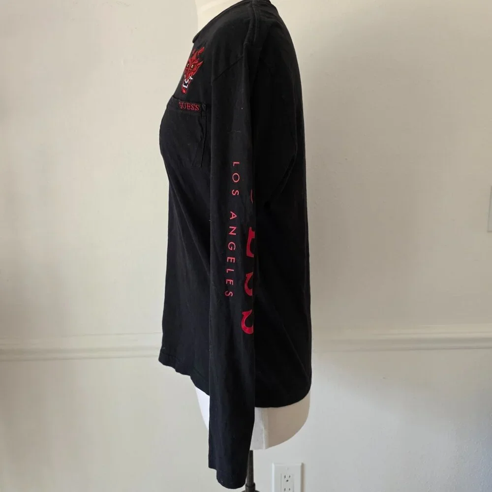 Guess Los Angeles Graphic Devil Face Long Sleeve Black T Shirt Pocket & Sleeve S - Picture 3 of 8
